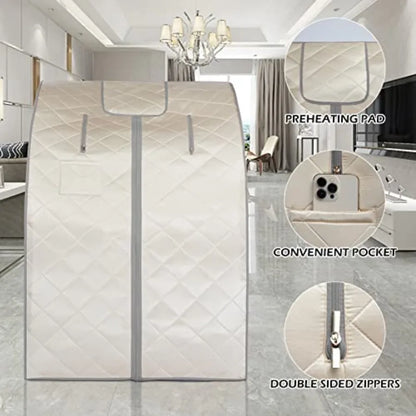 One‑person infrared sauna with remote‑controlled heat, foot pad, and foldable chair