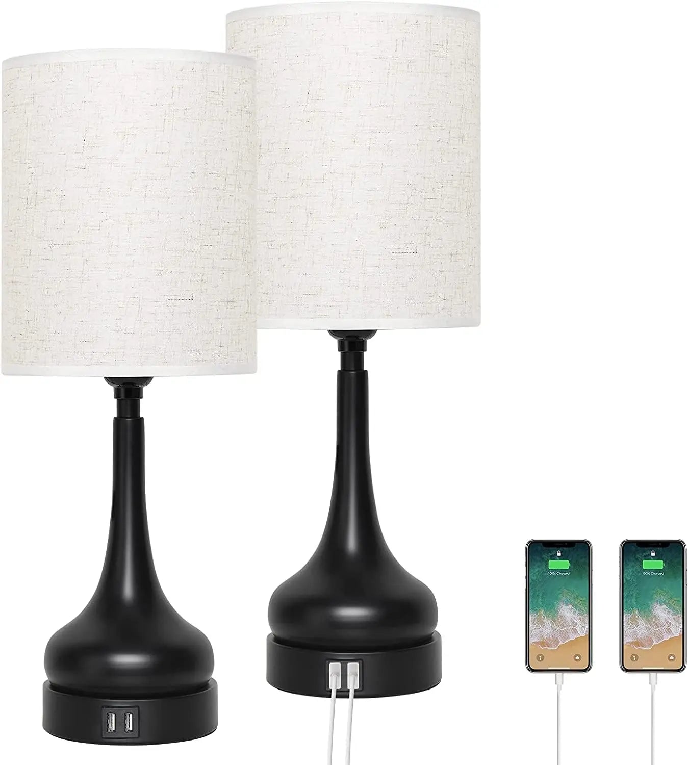 Set of 2 Bedside Table Lamps with Touch Control & USB Charging Ports