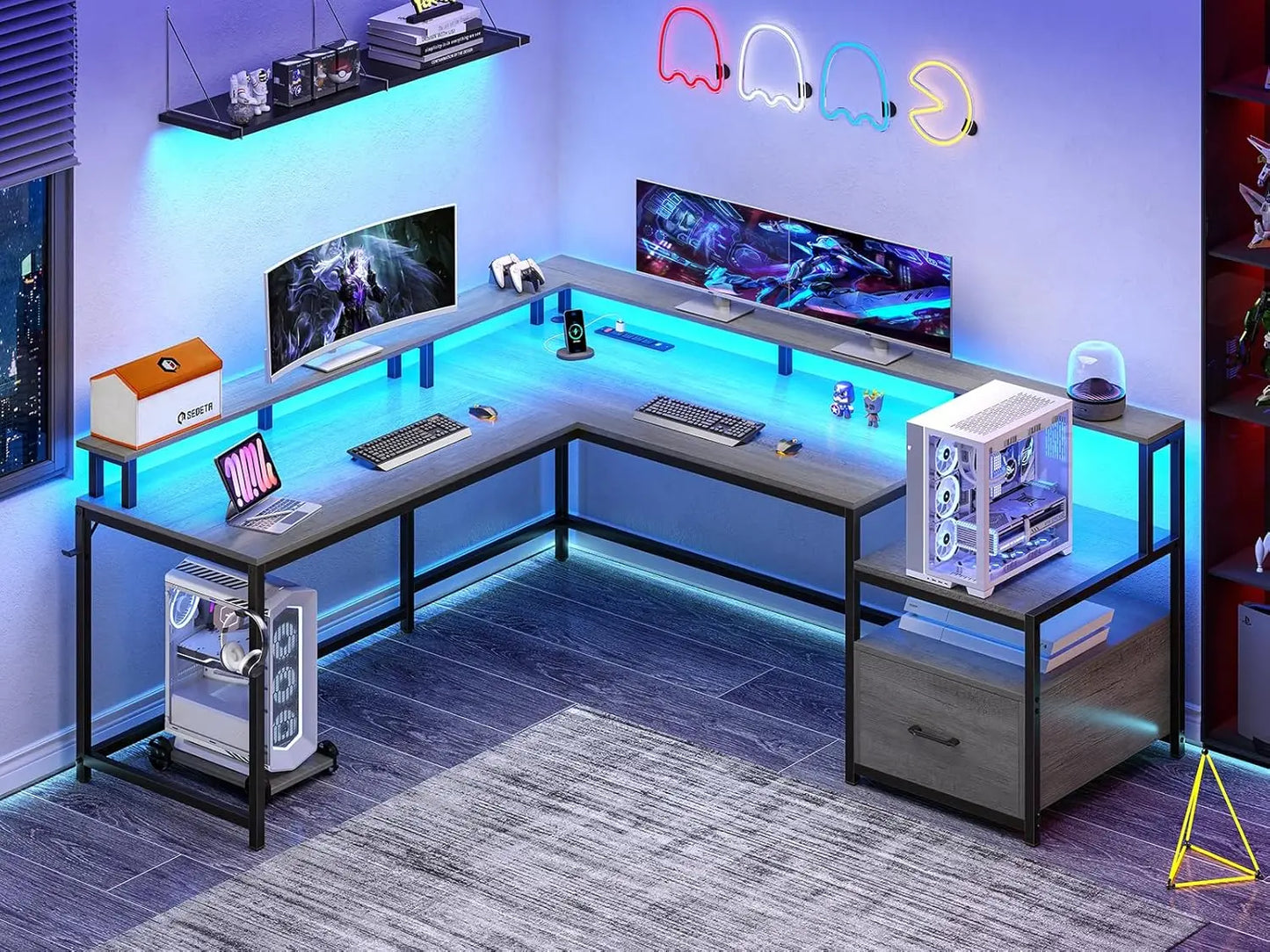 L-Shaped Gaming Desk with LED Lights, Power Outlet & Storage