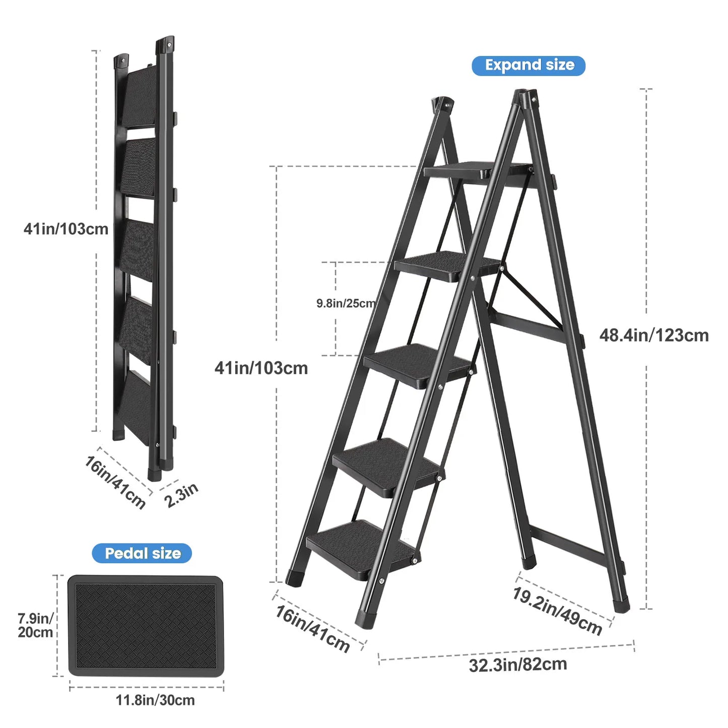 Five‑step folding ladder designed for stable, space‑saving household use