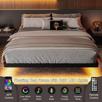 Full Size Floating Bed Frame, Charging Station & Led Lights