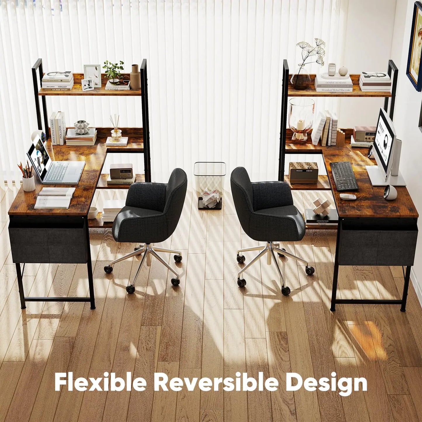 Modern Corner Workstation with Integrated Shelving. This Piece Creates a Refined, Functional Workspace