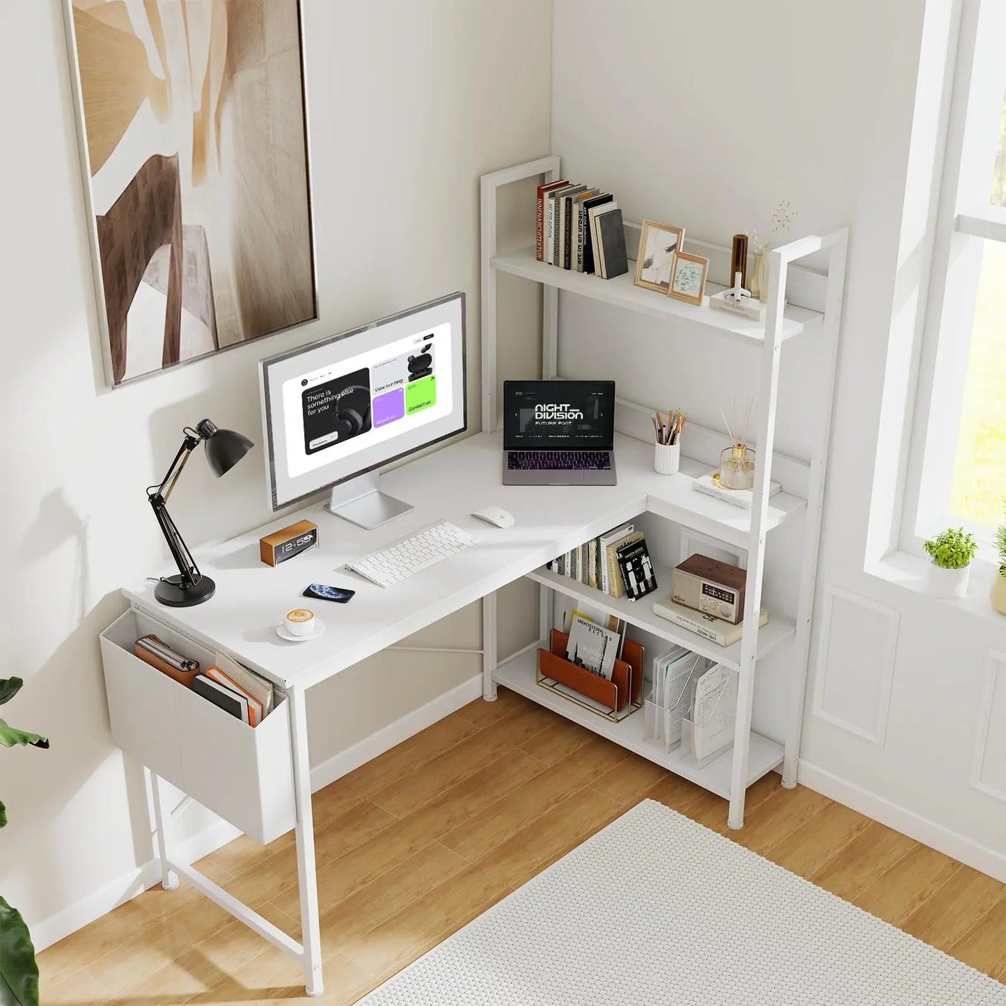 Modern Corner Workstation with Integrated Shelving. This Piece Creates a Refined, Functional Workspace