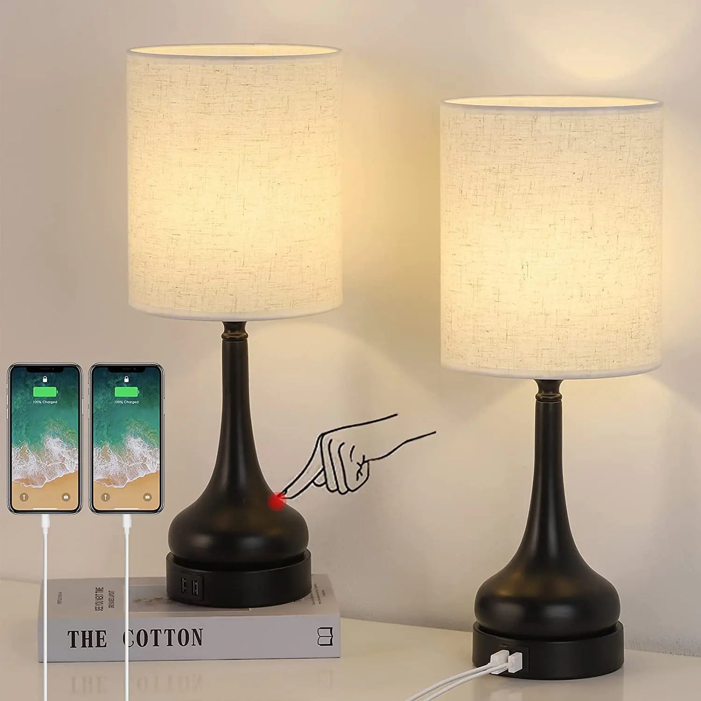 Set of 2 Bedside Table Lamps with Touch Control & USB Charging Ports