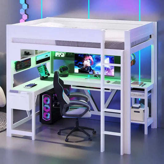 Full Size Gaming Loft Bed with Desk Storage Lights & Charging Station