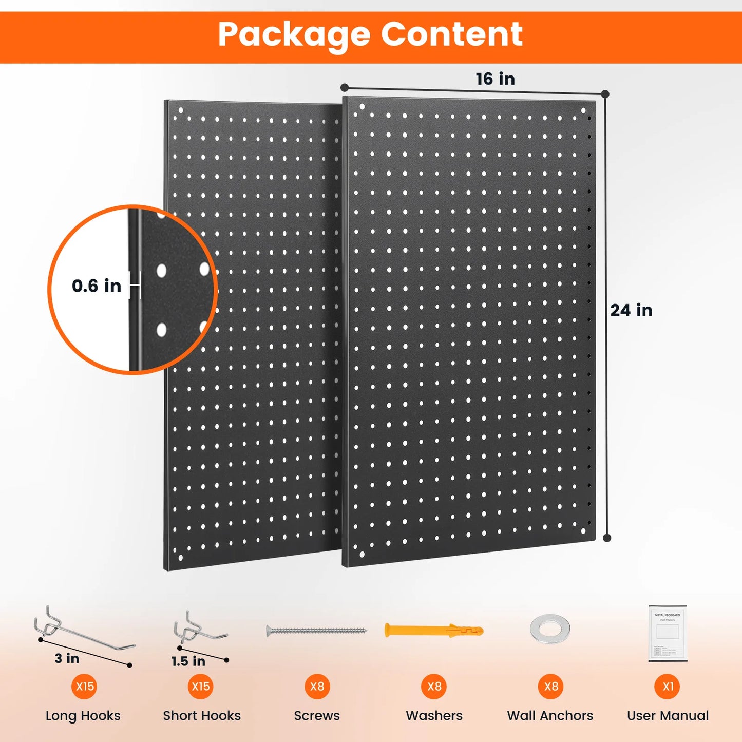 30 Hook Metal Peg Board Panel Wall Organizer