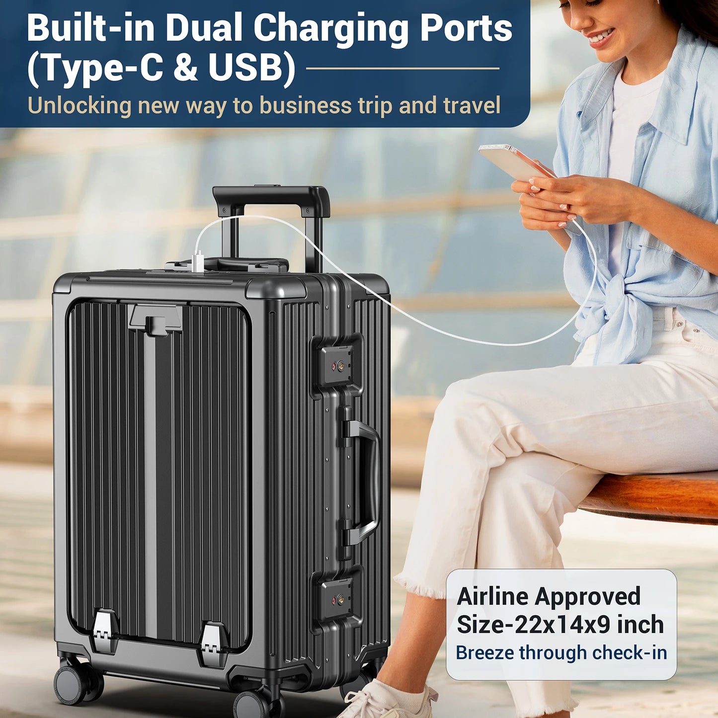 Aluminum Framed 22 inch Carry On Luggage with Front Open Laptop Compartment