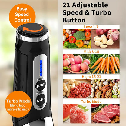 Stainless Steel Handheld Immersion Blender, 21-Speed with 3-Angle Adjustable Blade