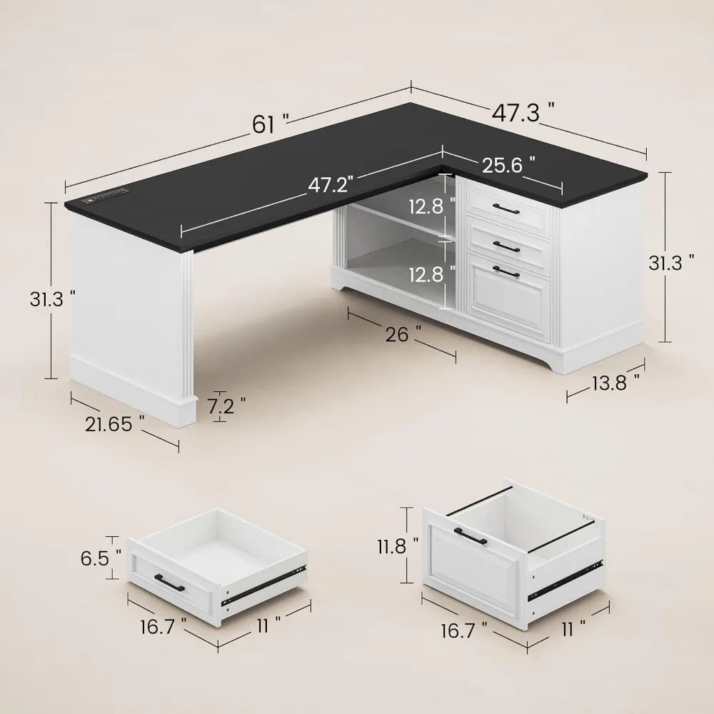 61" L Shaped Desk with Power Outlets, Storage Shelves & Drawers