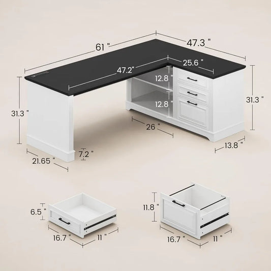 61" L Shaped Desk with Power Outlets, Storage Shelves & Drawers