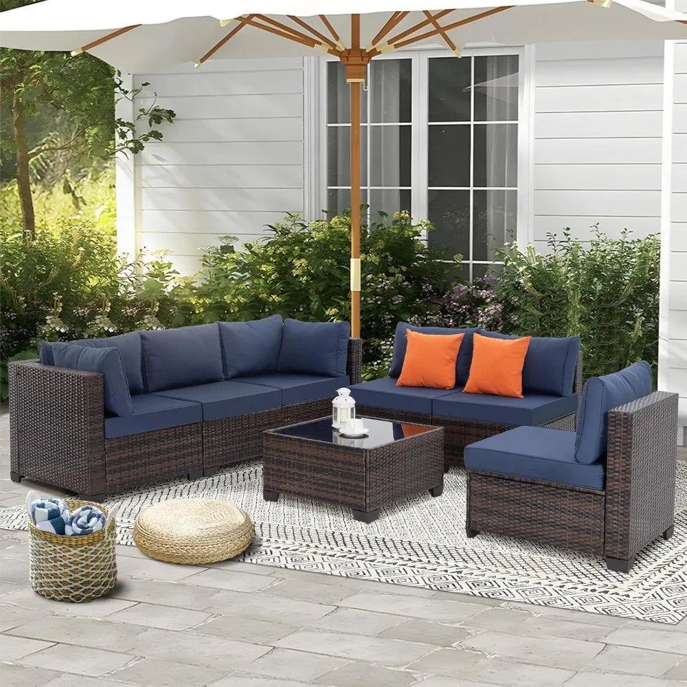 7 Piece Sectional Outdoor Wicker Patio Furniture Set & Coffee Table