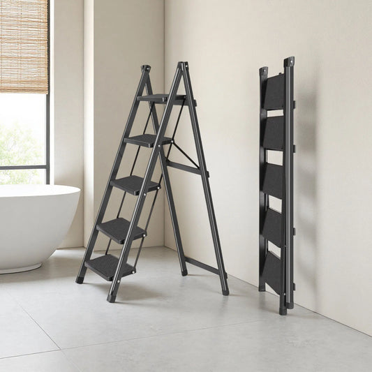 Five‑step folding ladder designed for stable, space‑saving household use