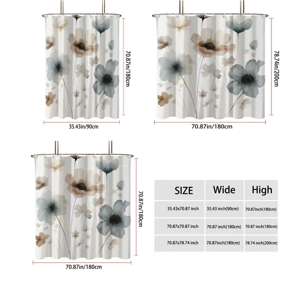 Elegant Floral Print Shower Curtain Set with Hooks