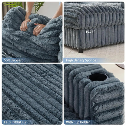 63'' Upholstered Corduroy Plush Loveseat with Charging Station, Cup Holder& Pillows