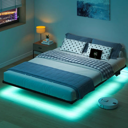 Queen Floating Bed Frame with LED Lights and Charging Station, No Box Spring Needed, Easy Assembly