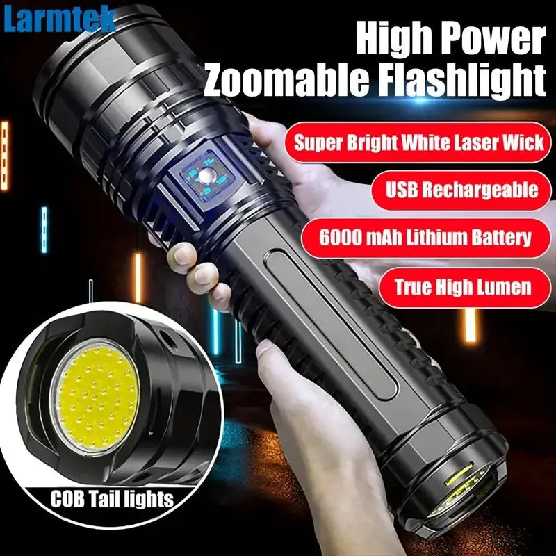 “Ultra‑bright handheld LED flashlight with adjustable zoom, USB‑C rechargeable 1800mAh power