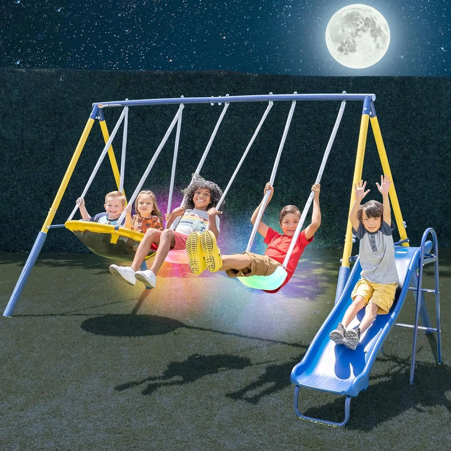 Outdoor Kids Swing Set with LED Swings, Saucer Swing & 5ft Slide - Safe Metal Playset for Ages 3-8