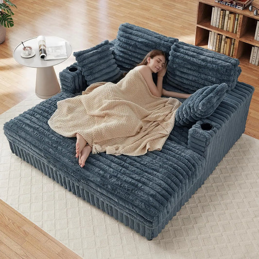 63'' Upholstered Corduroy Plush Loveseat with Charging Station, Cup Holder& Pillows