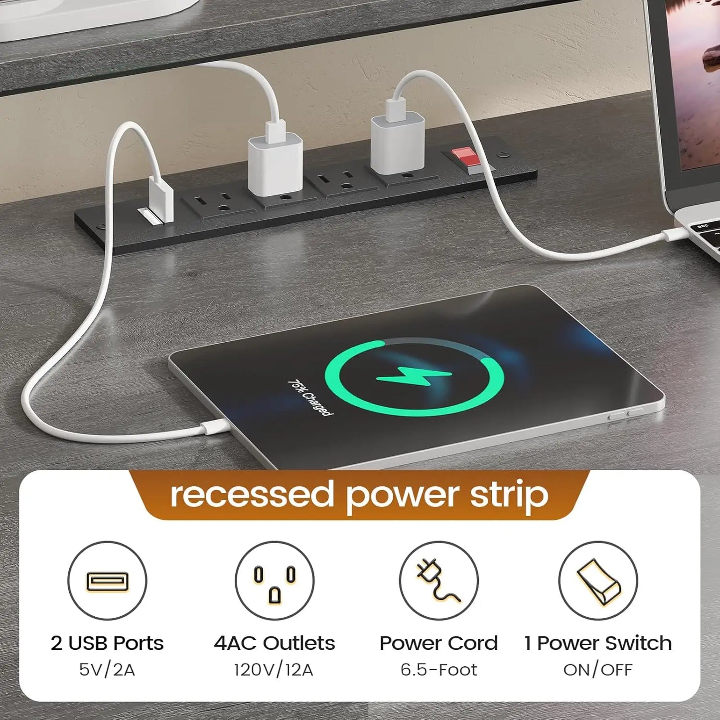 L-Shaped Gaming Desk with LED Lights, Power Outlet & Storage