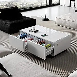 Modern Accent Table with Fridge, Speakers & Charging Convenience