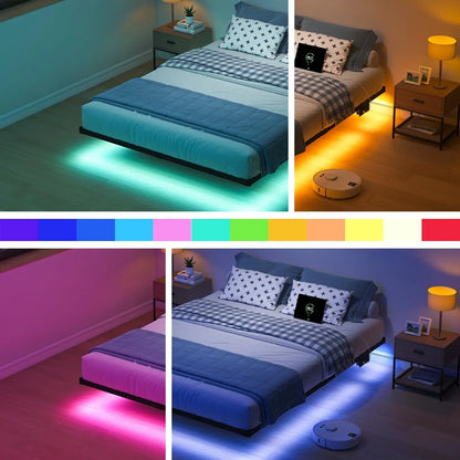 Queen Floating Bed Frame with LED Lights and Charging Station, No Box Spring Needed, Easy Assembly