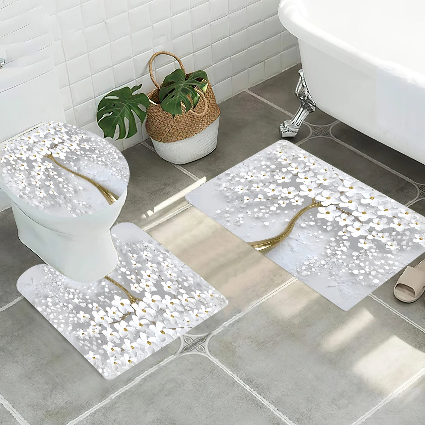 Abstract Art White Floral Shower Curtain Set