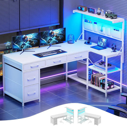 Reversible L Shaped Gaming Computer Desk with 5 Drawers, Storage Shelves & Built In Charging Station