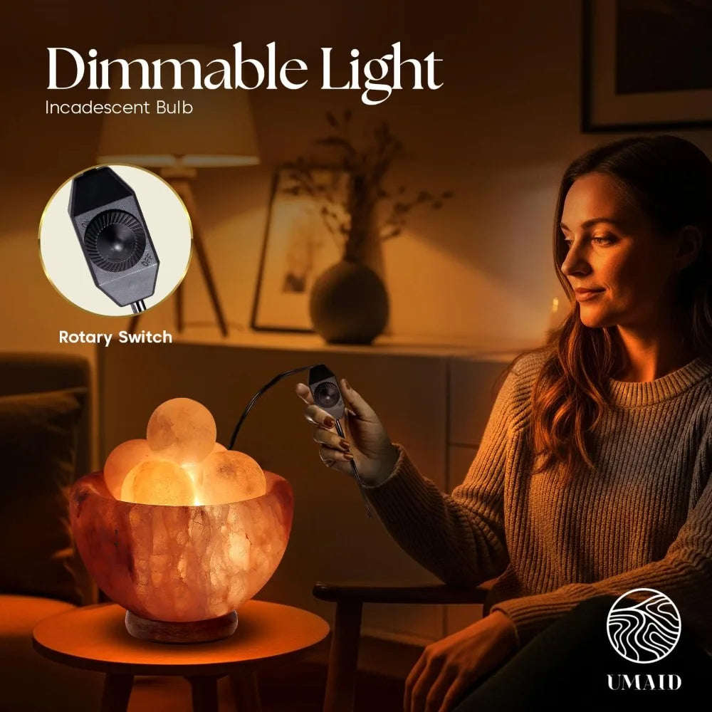 Natural Himalayan Salt Lamp Bowl with Massage Stones - Soothing Ambient LIght