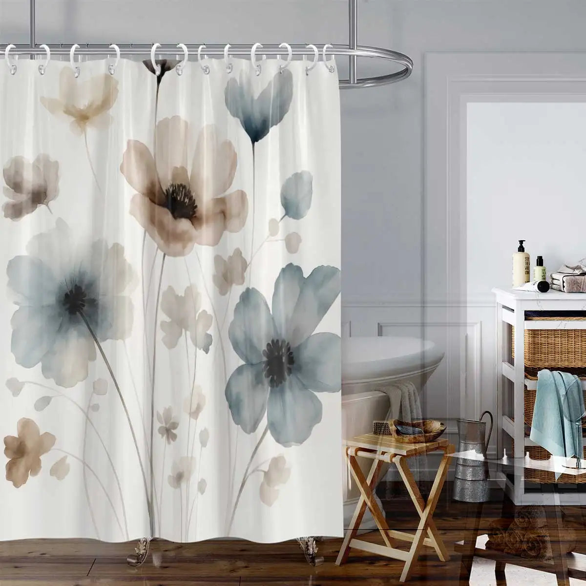 Elegant Floral Print Shower Curtain Set with Hooks