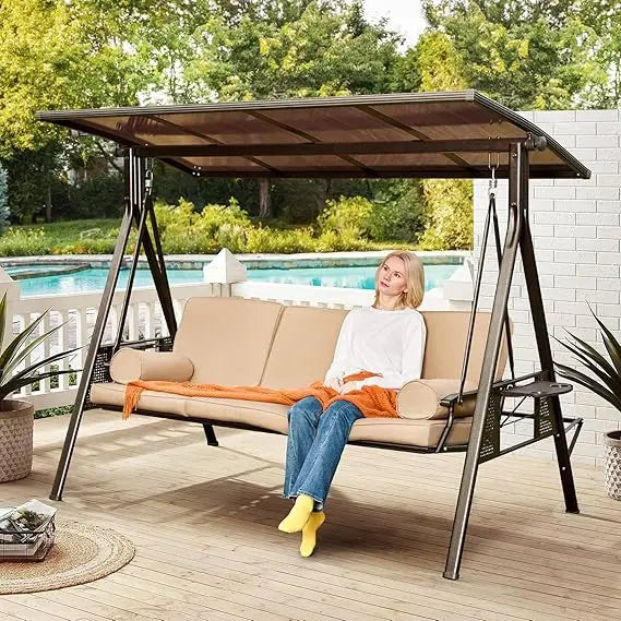 Oversized Convertible 3-Seater Porch Swing with Hardtop, 2 Side Cup Holder