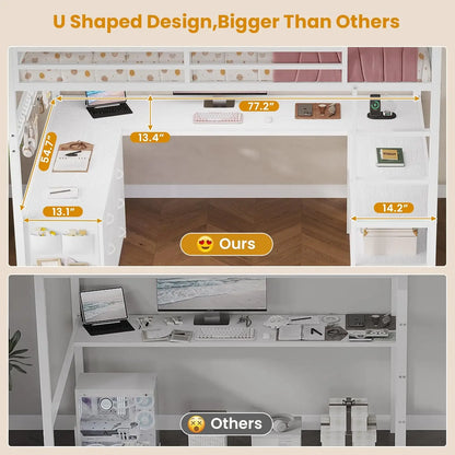 Full Sized Loft Bed with U-Shaped Desk, 6 Storage Drawers, Power Outlet, 2 Storage Shelves