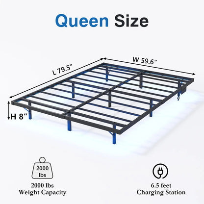 Queen Floating Bed Frame with LED Lights and Charging Station, No Box Spring Needed, Easy Assembly