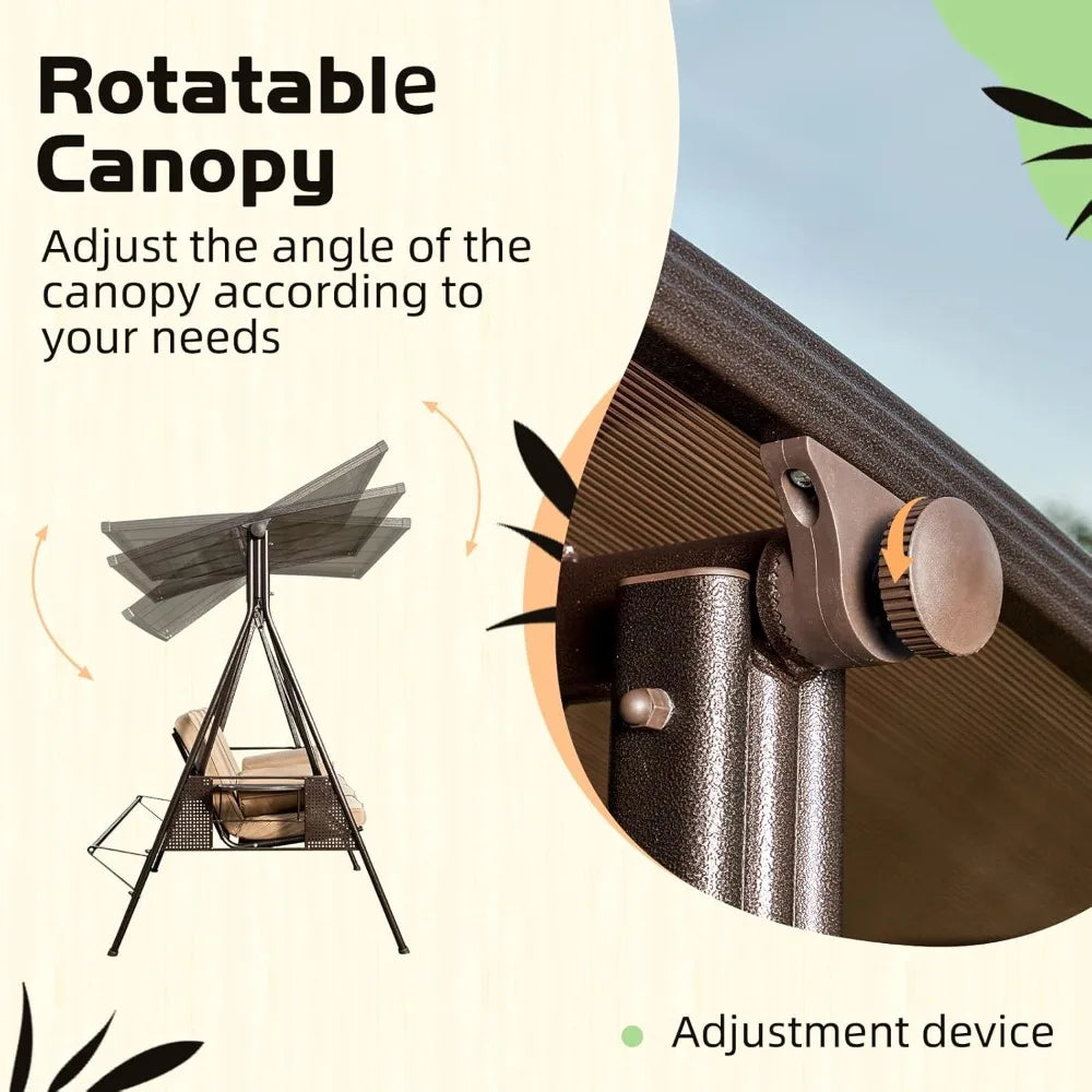 Oversized Convertible 3-Seater Porch Swing with Hardtop, 2 Side Cup Holder