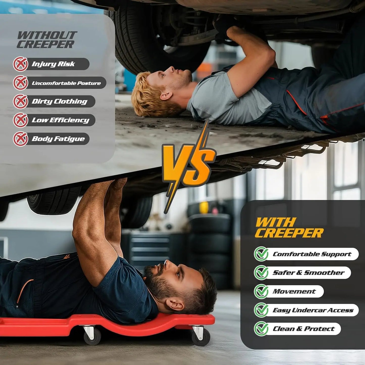 40 Inch Rolling Garage Mechanic Creeper with Padded Headrest and Dual Tool Trays