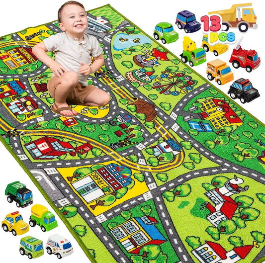 City Themed Playmat With 12  Vehicle Set for Kids Age 3+