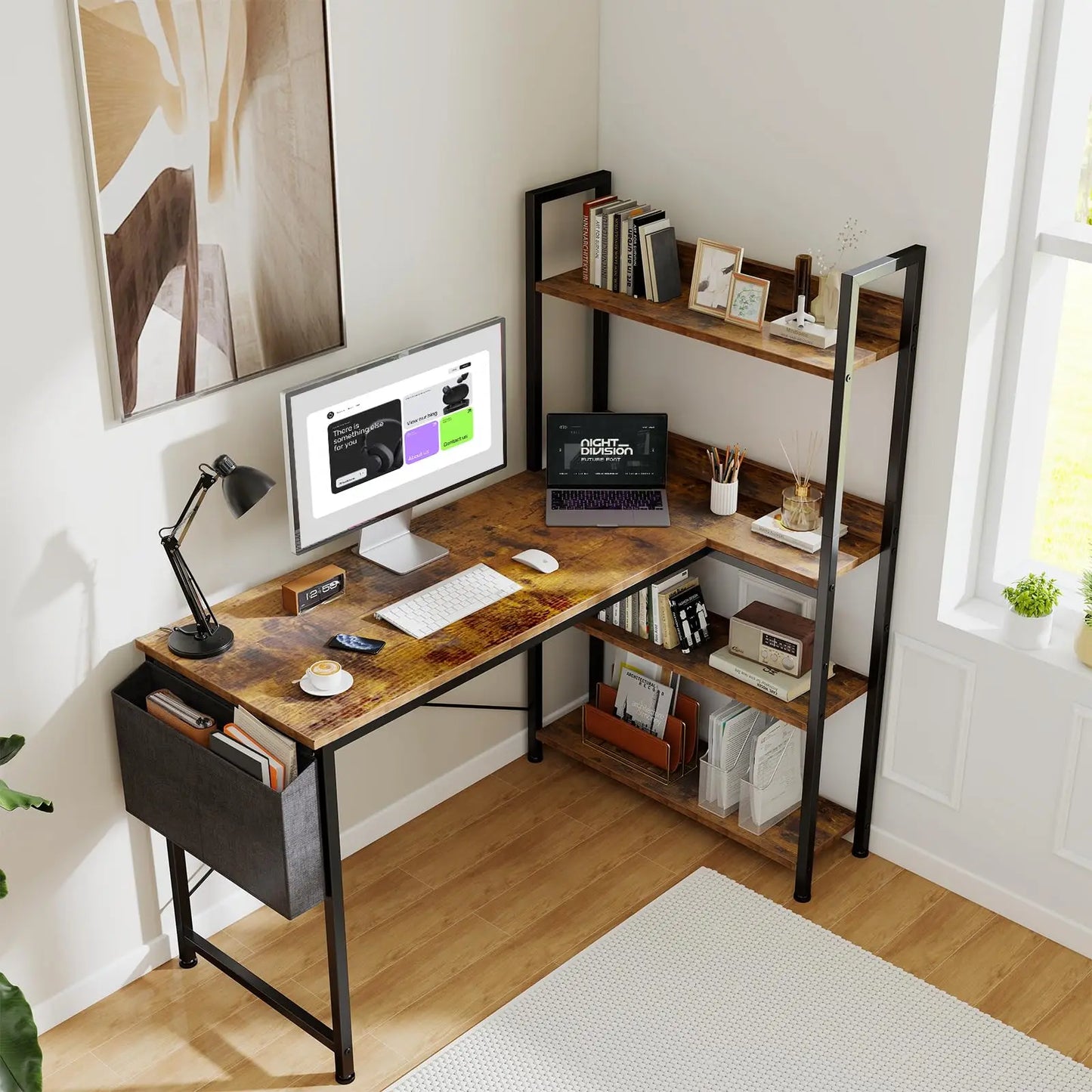 Modern Corner Workstation with Integrated Shelving. This Piece Creates a Refined, Functional Workspace