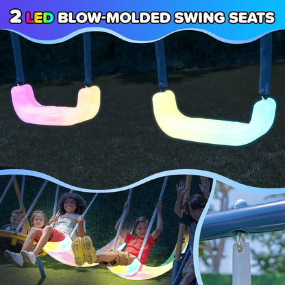 Outdoor Kids Swing Set with LED Swings, Saucer Swing & 5ft Slide - Safe Metal Playset for Ages 3-8