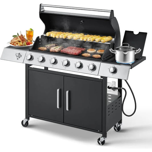 Stainless Steel 6 Burner Propane BBQ Grill with Side Stove, Cast Iron Grates