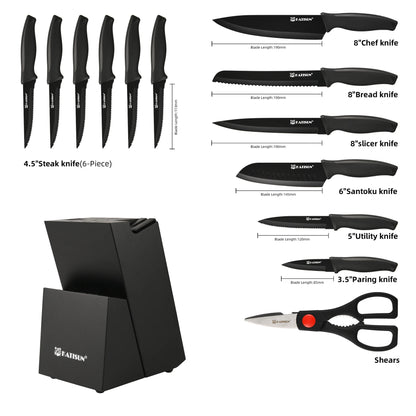 15 Pieces Carbon Steel Kitchen Knife Block Set, Built-in Knife Sharpener