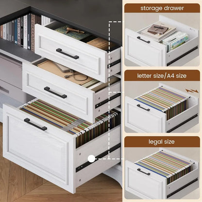 61" L Shaped Desk with Power Outlets, Storage Shelves & Drawers