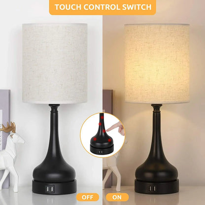 Set of 2 Bedside Table Lamps with Touch Control & USB Charging Ports