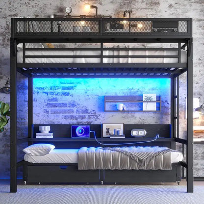 Queen Over Queen Bunk Bed with Storage, USB, Lights & Cozy Convenience