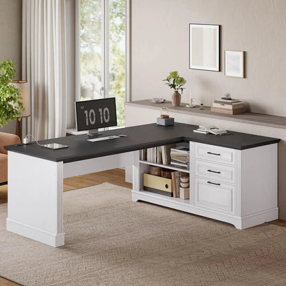 61" L Shaped Desk with Power Outlets, Storage Shelves & Drawers