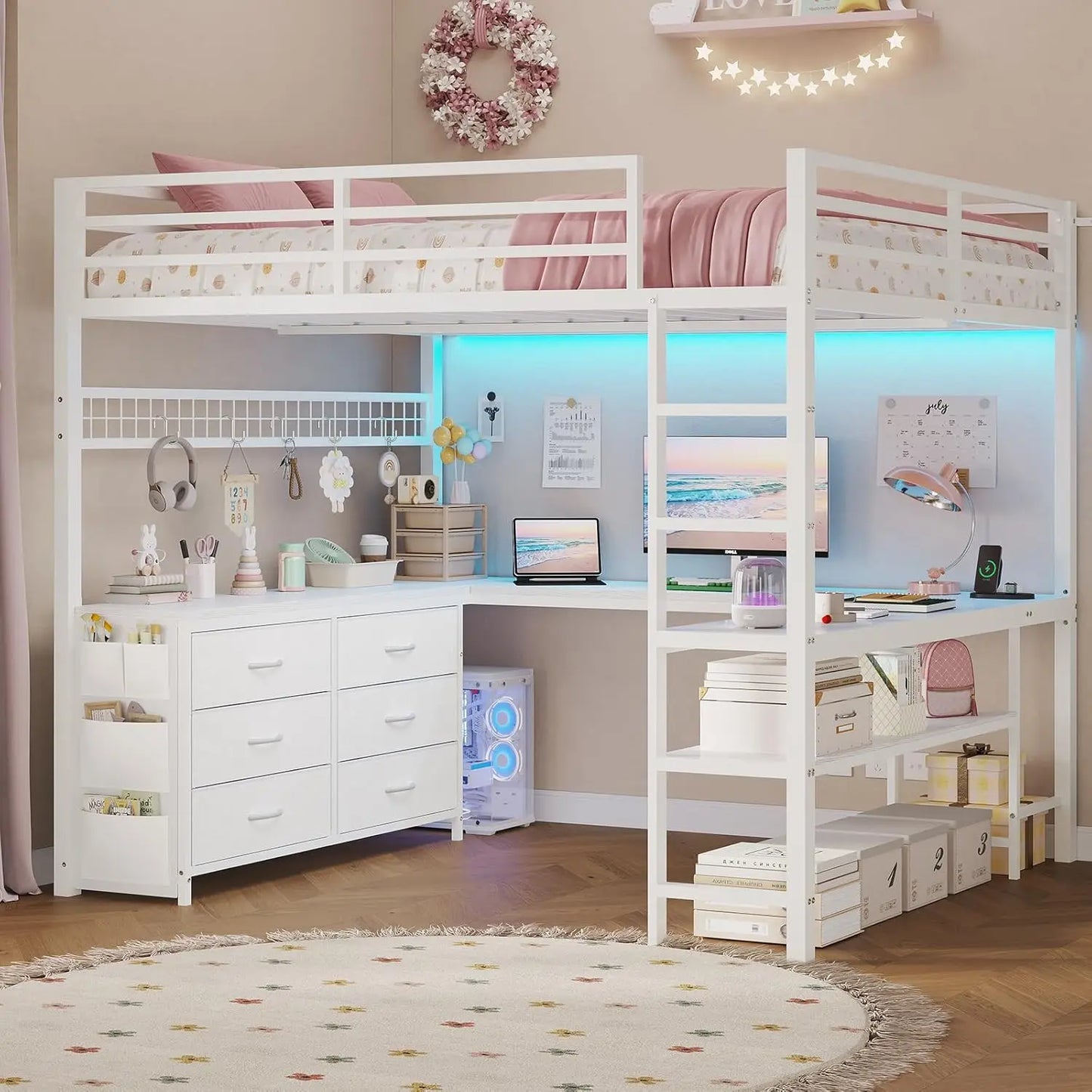 Full Sized Loft Bed with U-Shaped Desk, 6 Storage Drawers, Power Outlet, 2 Storage Shelves