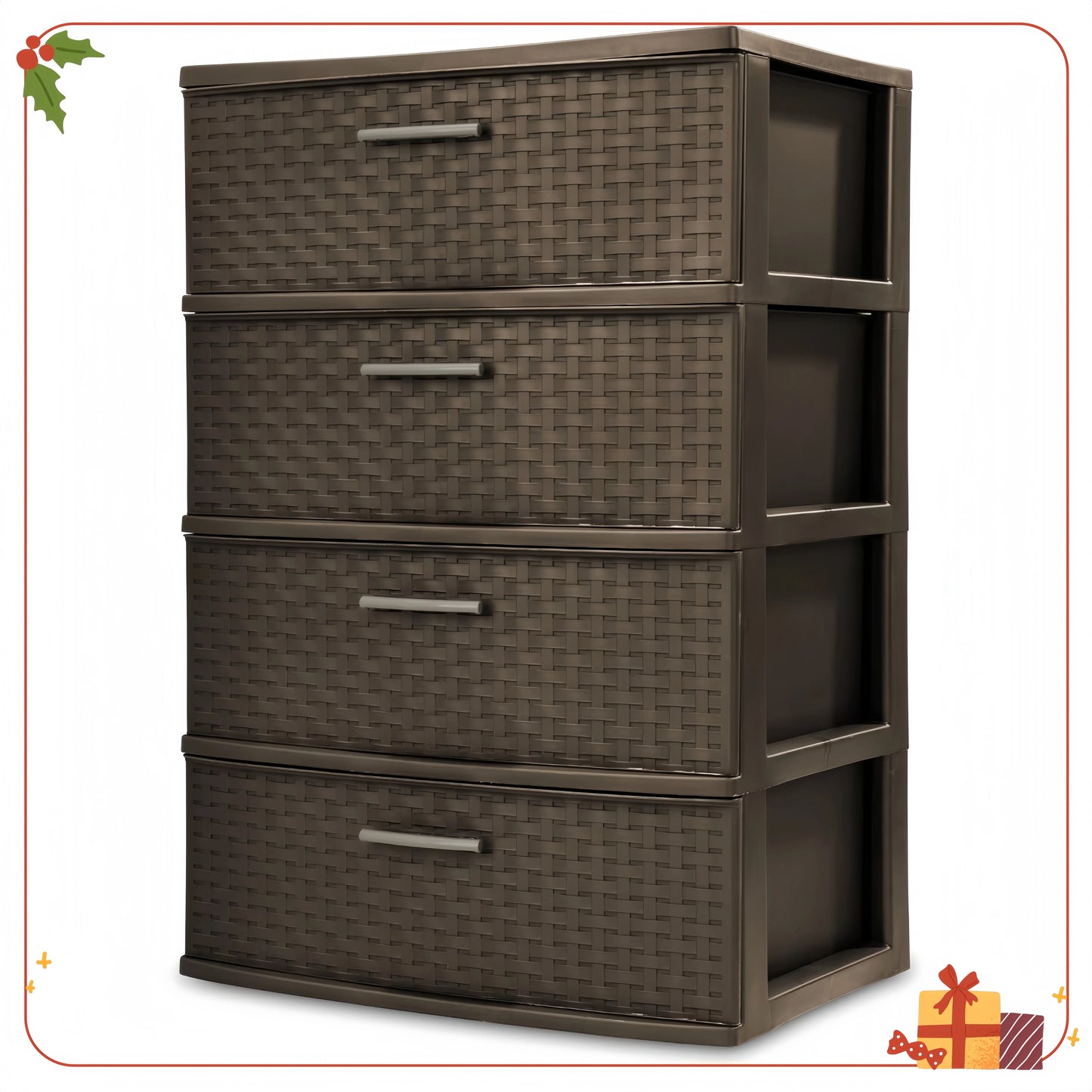 4-Drawer Wide Weave Tower with Pull Handles for Closet, Office & Organization