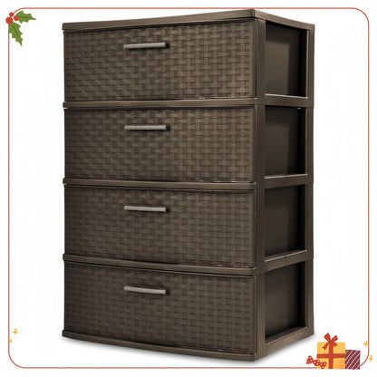 4-Drawer Wide Weave Tower with Pull Handles for Closet, Office & Organization