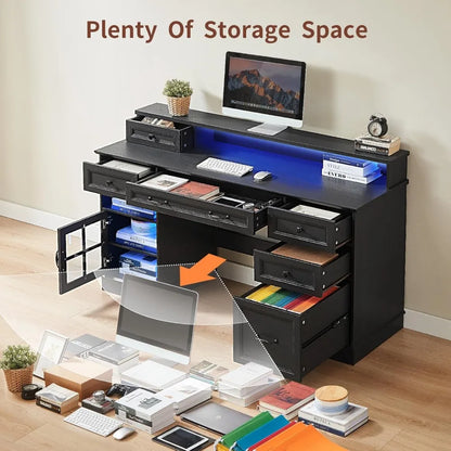Office Desk with File Drawers, Power Outlet & LED Lights