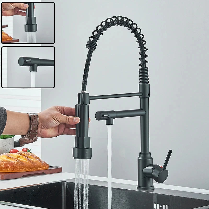 360 Rotation Kitchen Sink Faucet Pull Down Tap with Dual Spout