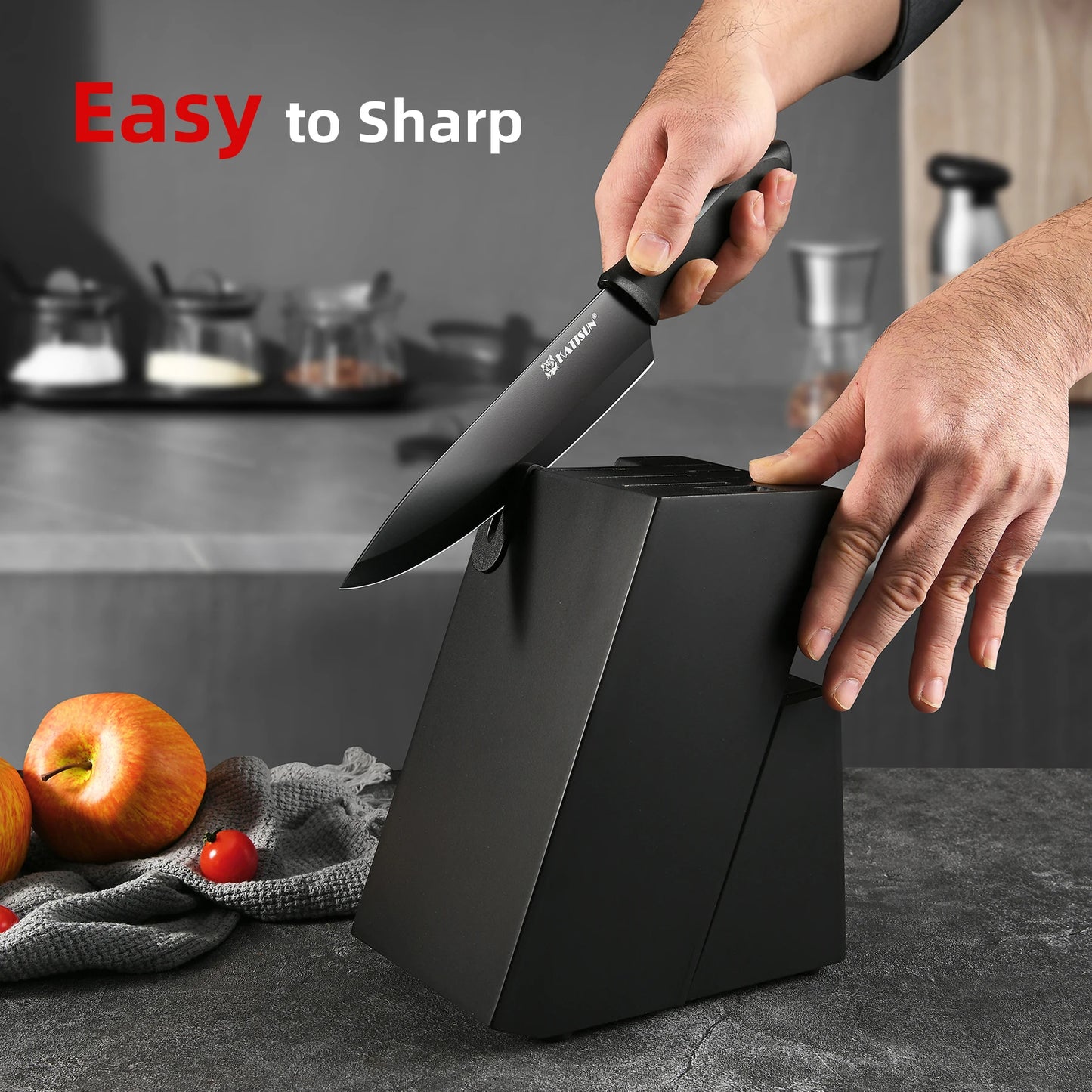 15 Pieces Carbon Steel Kitchen Knife Block Set, Built-in Knife Sharpener