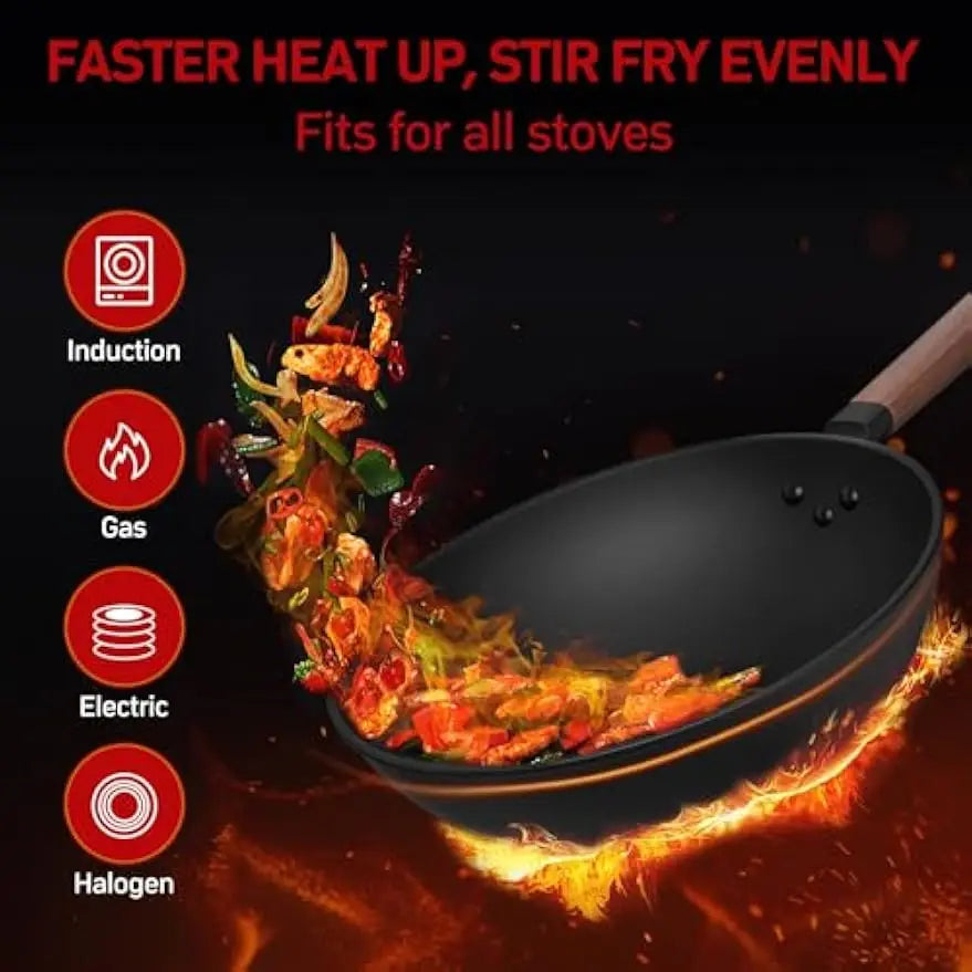Durable Carbon Steel Wok with Lid & Spatula Everyday Cooking Made Easy